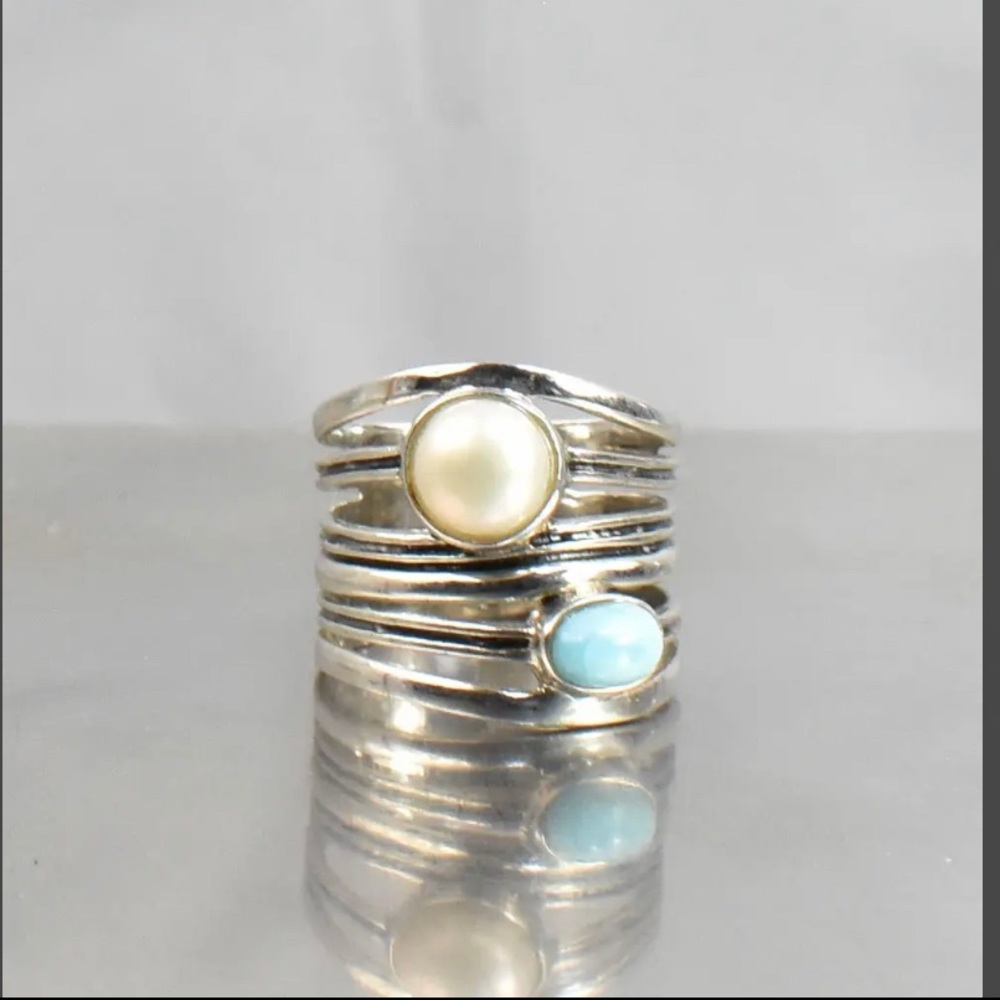 Sterling Silver CFJ fine jewelers stacked split band turquoise & pearl β¦